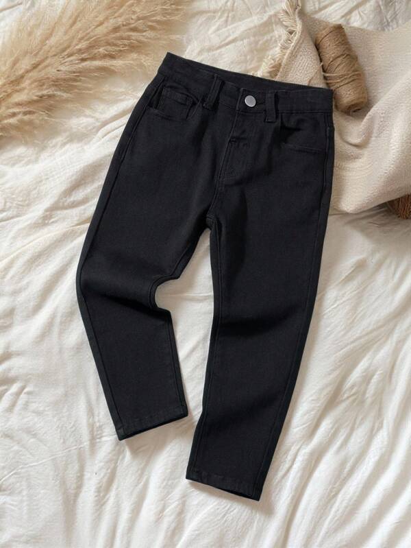 SHEIN Vintaside Kids Jeans rectos de cinco bolsillos, minimalistas y versátiles, un artículo de moda diario sencillo y versátil para niños