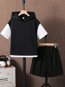 Tween Boys 2 In 1 Color Block Hooded T-Shirt And Shorts Black And White Summer Casual City Break Kids Outfits Toddler Boy Back To School Set,Spring - Black - View 1