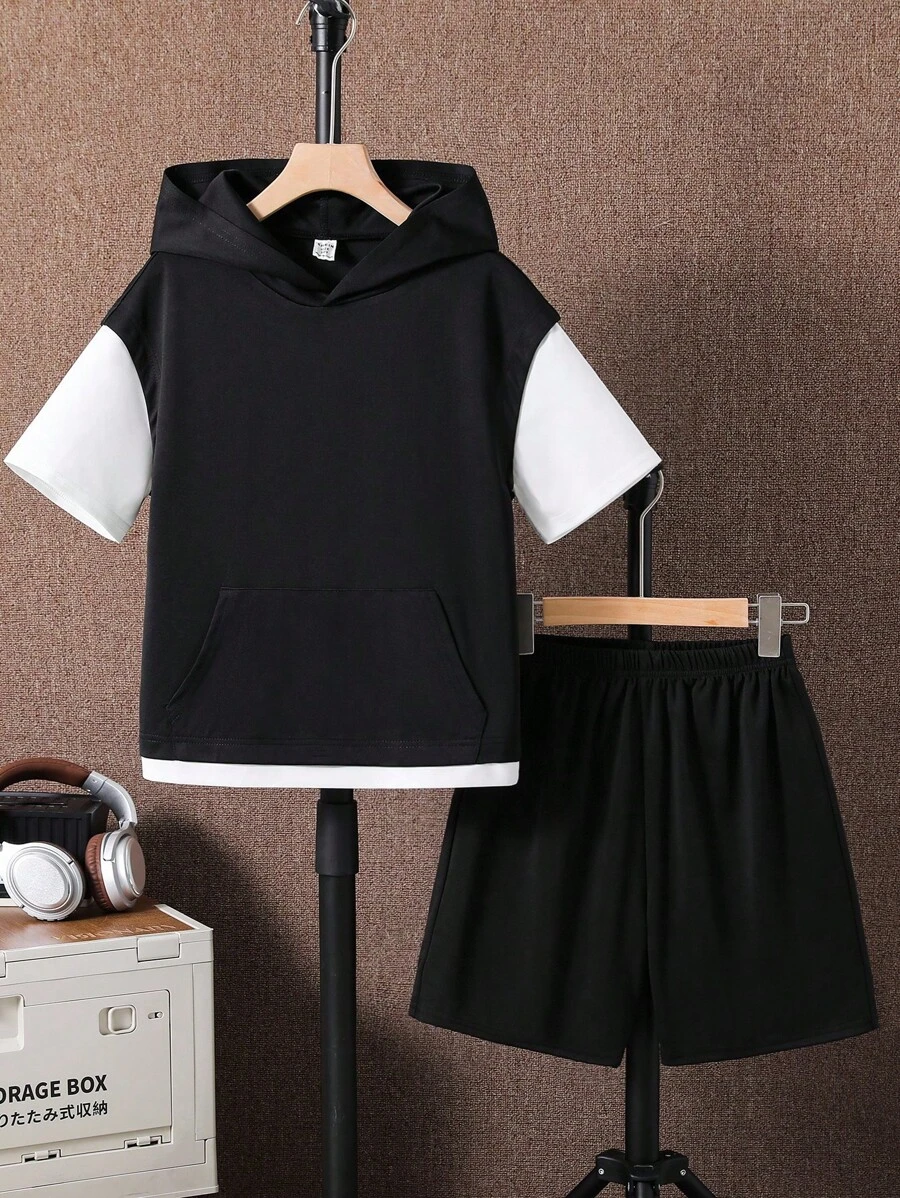 Tween Boys 2 In 1 Color Block Hooded T-Shirt And Shorts Black And White Summer Casual City Break Kids Outfits Toddler Boy Back To School Set,Spring - Black - View 1