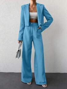 SHEIN Cottnline Women Solid Color Blazer And Pants Suit - Baby Blue - View 5