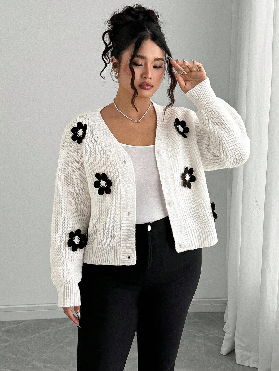 Elenzga Áo len cardigan tay dài cổ chữ V họa tiết hoa Pháp cỡ lớn màu trắng, ngọt ngào và sang trọng, mùa xuân/thu - trắng - Xem 1