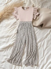 SHEIN Vintaside Kids Tween Girl Ruffle Trim Top & Allover Print Pleated Wide Leg Trousers - Apricot - View 8