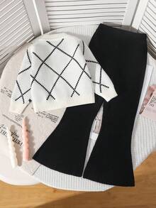 SHEIN 年轻女孩休闲宽松简约舒适圆领长袖毛衣和裤子套装 - 黑與白 - 查看 7