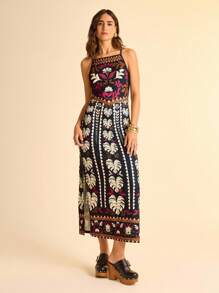 CAJUNI 女士热带植物印花休闲吊带连衣裙，适合度假 - 波西米亚风女装/女士西式服装/图案/休闲女士 - 彩色 - 查看 1