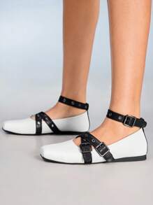 CUCCOO GRLICON 女士 Y2K 风格平底鞋，适合朋克、骑行者、酷女孩、万圣节、圣诞节、派对装扮 - 白色 - 查看 2