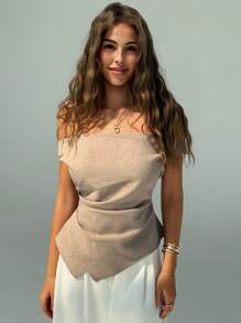 Aloruh New Off Shoulder Simple Fashion Office Wear Short Ruched Asymmetric Hem Off-Shoulder Blouse - Apricot - View 4