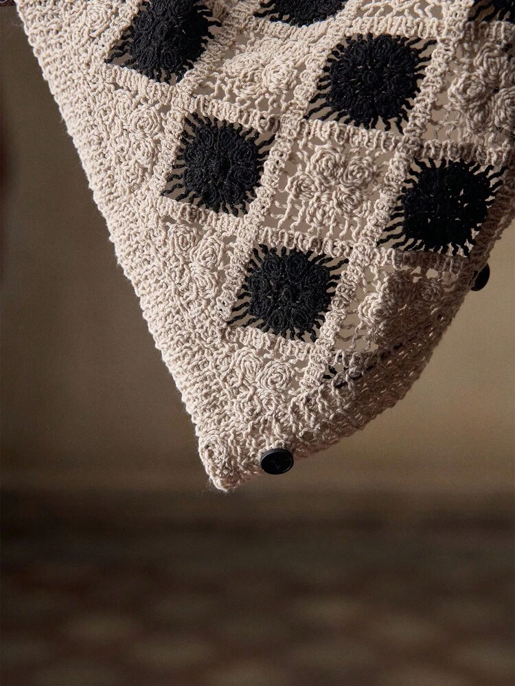 Men's Knitted Black & White Grid Pattern Crocheted Open Front Cardigan Vest, Boxy Fit Casual Loose Sleeveless Sweater Top, Round Neck Summer Gift For Boyfriend/Husband
