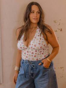 Aralina 曲线夏季度假露背纹理碎花蕾丝可爱上衣 - 紅白色 - 查看 1