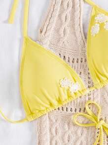 Bonvoyette Yellow Triangle Floral Trim Elegant Women Bikini Set For Summer Beach Vacation