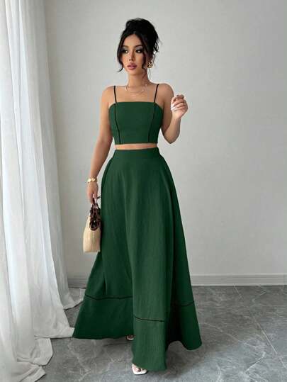 Elenzga 2pcs Set Women Elegant Spaghetti Strap Camisole Top And A-Line Maxi Skirt, Fashion/Ribbon/Rural/Bohemian/Vacation Casual/Pastorale