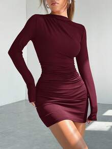 SHEIN EZwear Women's Simple Solid Color Ruched Body-Con Dress, Autumn Sexy Long Sleeve Dresslong Sleeve Claret Dress,Fall - Burgundy - View 4