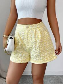 Elenzga 女士夏季优雅 A 字形前开襟褶皱斜口袋纹理面料奶油黄色短裤，适合约会、聚会和各种场合 - 黃色 - 查看 1