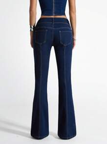 SHEIN Unity Women's Casual Low-Waist Denim Bell-Bottom Pants With Pockets - Dark Wash - View 2