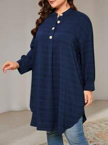 Veilorie Plus Size Women's Autumn Long Sleeve Button Half-Placket Long Loose Casual Shirt - Navy Blue - View 7