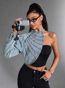 SHEIN Tall Y2K Retro Distressed Asymmetric Denim Jacket, Single Sleeve Denim Top, Denim Scarf Shawl Crop Top For Women - Medium Wash - View 6