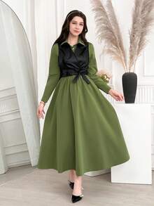 Bộ 2 trang phục thường ngày cổ điển thanh lịch dành cho thanh thiếu niên: Áo khoác crop top thắt eo màu nâu và váy sơ mi thắt eo tay dài - Nhiều màu - Xem 3