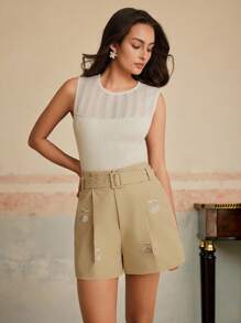 Anewsta Quần short thường ngày xếp ly thêu cạp cao ôm gọn vòng eo thon gọn cho nữ - Màu Khaki - Xem 5