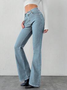SHEIN Cottnline Women's High Waisted Dark Washed Cotton Elastic Denim Jeans - Baby Blue - View 5