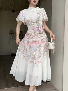 Modelyn Tie-Up Waist Ruched Locating Printed Women's Flare Dress - Multicolor - View 5