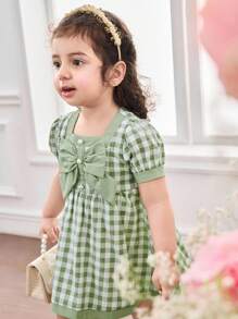 SHEIN Babygirl Cute Summer Vacation Green Plaid Pearl Button Short Sleeve Dress - Multicolor - View 3