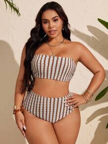 SHEIN Swim Curve Plus Size Women Minimalist Daily Summer Striped Bikini Set - Multicolor - View 3