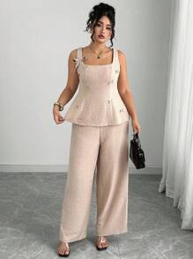 Elenzga Bộ 2 món/Bộ áo và quần trang trí nơ thường ngày mùa hè cỡ lớn cho nữ - Màu Khaki - Xem 5