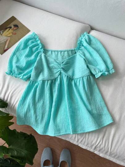 SHEIN LUNE Camiseta con mangas abullonadas de color verde menta texturizada sólida casual para mujer, top básico de uso diario y lindo