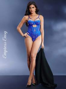 SHEIN Women's Sexy Lace Bodysuit Lingerie, Going Out - Royal Blue - View 3