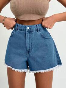 EURMUSE 100%纯棉女款浅蓝色石洗磨边牛仔短裤