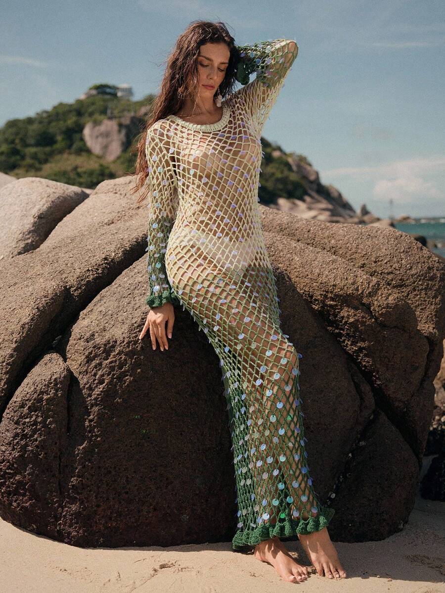 Anewsta 女士夏季度假海滩渐变色渔网亮片鱼尾下摆罩衫 - 彩色 - 查看 1