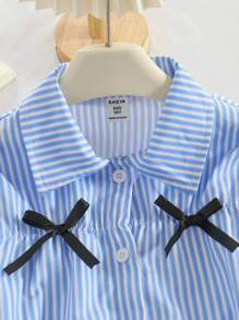 Set da 2 pezzi a righe blu e bianche per ragazze pre-adolescenti, carino outfit scolastico autunnale per il ritorno a scuola, camicia a maniche lunghe con fiocco 3D e gonna, casual per vacanze - Blu - Visualizzare 5