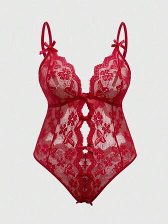 Plus Size Gothic Lace Trim Bow Sexy Bodysuit
