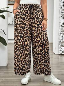 EMERY ROSE Plus Size Casual Loose Leopard Print Wide-Leg Pants,Summer Outfits For Women,Casual Outfits  For Women,Autumn,Fall Women's Clothes,Fall Clothes - Brown - View 1