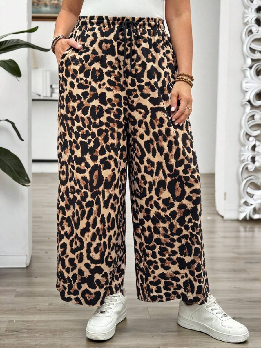 EMERY ROSE Plus Size Casual Loose Leopard Print Wide-Leg Pants,Summer Outfits For Women,Casual Outfits  For Women,Autumn,Fall Women's Clothes,Fall Clothes - Brown - View 1