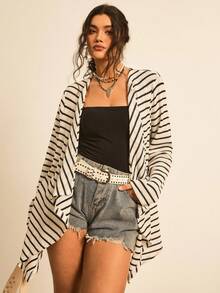 Freevana 大码休闲宽松条纹长袖开衫，百搭日常穿着 - 黑與白 - 查看 2