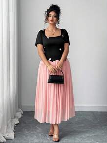 Elenzga Plus Size Women Color Block Fit-And-Flare Midi Dress - Black - View 3