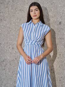 Andrea Bello Women's Elegant Solid Color Cross Blue And White Striped A-Line Dress. Mid-Length Shirt Striped Dress. Spring And Summer Weddings. Music Festivals. Teachers' Day. Commuting. Graduation. Quarter Vacations. Teachers' Day Style. Mother's Day. Elegant. Old Money Style