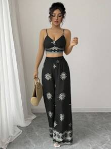 Selianne Bộ 2 món áo crop top hở lưng in họa tiết màu xanh lá cây và quần dài phong cách nghỉ dưỡng giản dị cho nữ - màu đen - Xem 5
