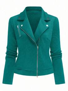 GlowEve Textured Fabric Zip-Up Casual Motorcycle Jacket With Notched Collar Fall Winter Cloth For Women - Teal Blue - View 7