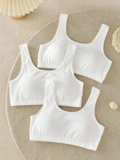 Genkimix Kids 3 Pieces Set Girl's Solid White Casual Simple Cotton Comfortable Soft Padded Bras,Wide Strap Vest,Suitable For Girls Aged 8-12,Back To School Fall Winter