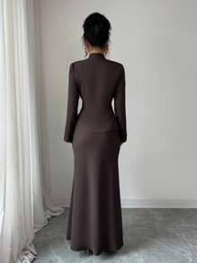 Islaluna Franclia Elegant V-Neck Button-Down Long-Sleeved Suit Perfect For Autumn Maillard Style Fall Cloth For Women - Brown - View 3