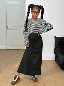 SHEIN Tween Girls Striped Loose Top + Strap Maxi Dress 2 Piece Set, Casual Daily Fashion Versatile Outfit Girls Black And White Stripe Shirt Long Black Skirt Skirt Two Piece Set Girls Black And White Striped Top And Black Maxi Skirt Set Teen Girl Skirt Set Girls Black And White Striped Top And Skirt Set Black And White Striped Shirt And Black Skirt - Black - View 5