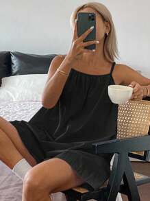 DAZY 简约纯色露背宽松阔腿短款女式连体裤家居服睡衣 - 黑色 - 查看 2