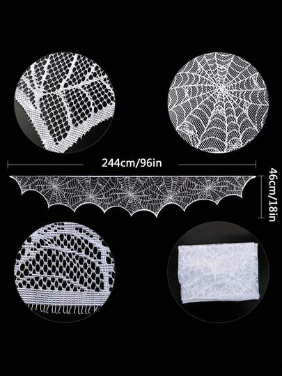 Goth 1pc Black Lace Tablecloth, Gothic Style Tablecloth, Haunted Halloween Fireplace Cloth - Spooky Fireplace Cover For Home Decor, Ghost Festival Decoration Fabric With Spider Web Design,Home Decor