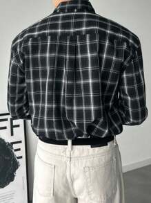 DAZY 男士格子纽扣长袖衬衫，适合春秋季 - 黑色 - 查看 2