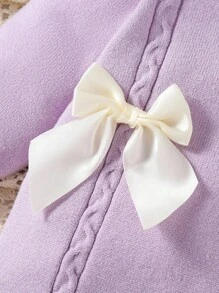 SHEIN 女婴高领针织连体衣，长袖，连脚，秋冬季温暖舒适，手工编织蝴蝶结设计，优雅时尚，适合日常穿着、居家、外出和旅行，黄色和浅黄色 - 紫色 - 查看 5