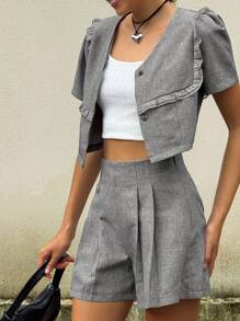 Jouncy 2 件套女士时尚西装外套套装，高端学院风，夏季 - 深灰色 - 查看 4