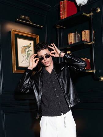 SHEIN X ELOISA & ORSON AKNOTIC Business Casual Men's Loose Fit Woven PU Metallic Letter Decor Casual Jacket With Turndown Collar And Elastic Hem, Suitable For Spring And Summer Daily Wear, For Fall Winter