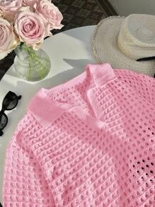 SHEIN EZwear Plus Size Women's Casual Solid Color Hollow Out Collared Short Sleeve Sweater Top, Yellow Summer Top In Fall/Winter - Pink - View 4