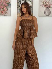 Siren Gaze 2 件套女士夏季花卉提花荷叶边下摆吊带背心上衣和裤子套装